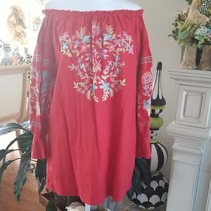 Free People Orange/Red Floral Embroidered Off-Shoulder Top